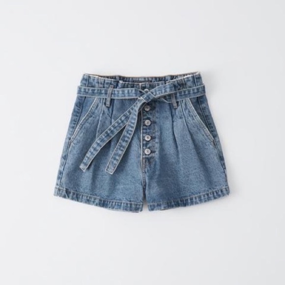 Abercrombie & Fitch Paperbag Tie Waist Exposed Button Fly Denim Shorts Size 10 - Picture 3 of 11